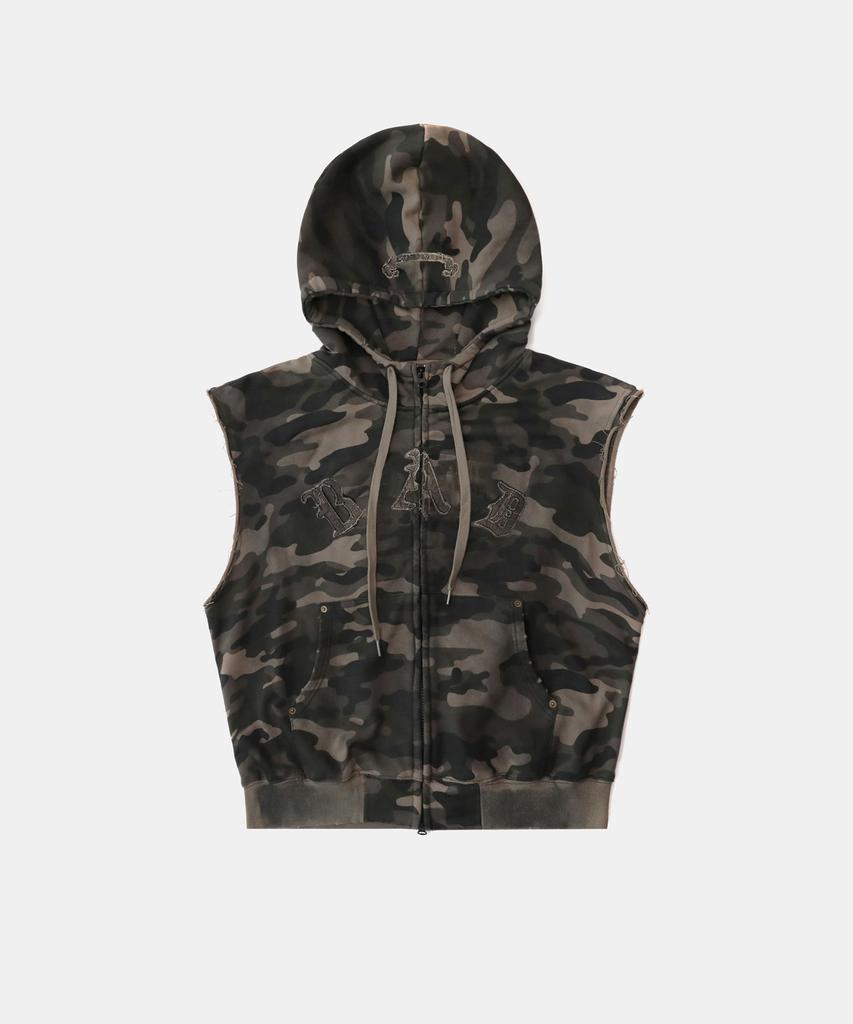 Badblood Curved Logo Sleeveless Zip-Up Hoodie - Dusty Green Camo
