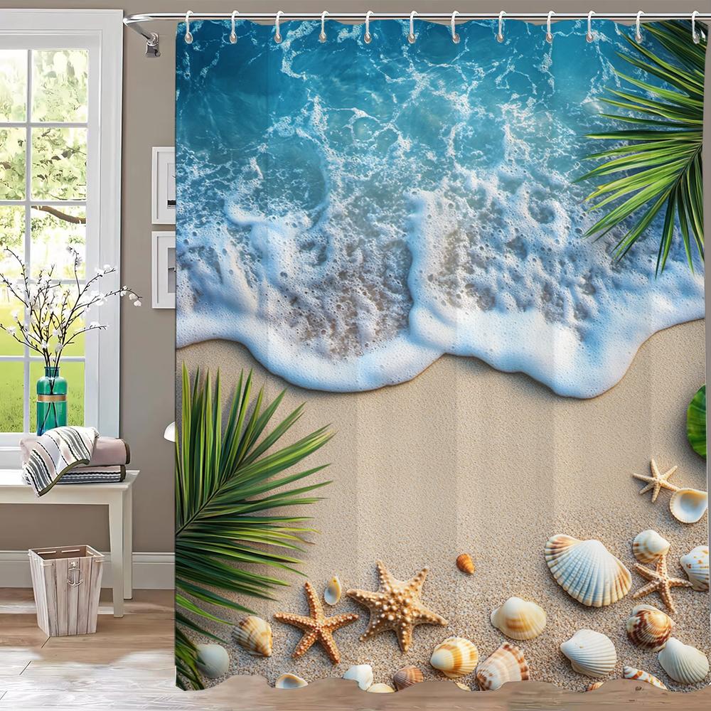 Sunshine Beach Shower Curtain,Ocean Shell Starfish Printing Polyester Fabric Bathroom Curtains for Home Decoration Curtain