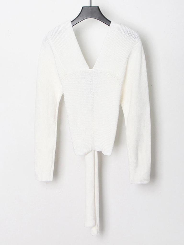 Women's Slim Fit V-Neck Bow Tie Sweater - 2026 Summer High-End Long Sleeve Top