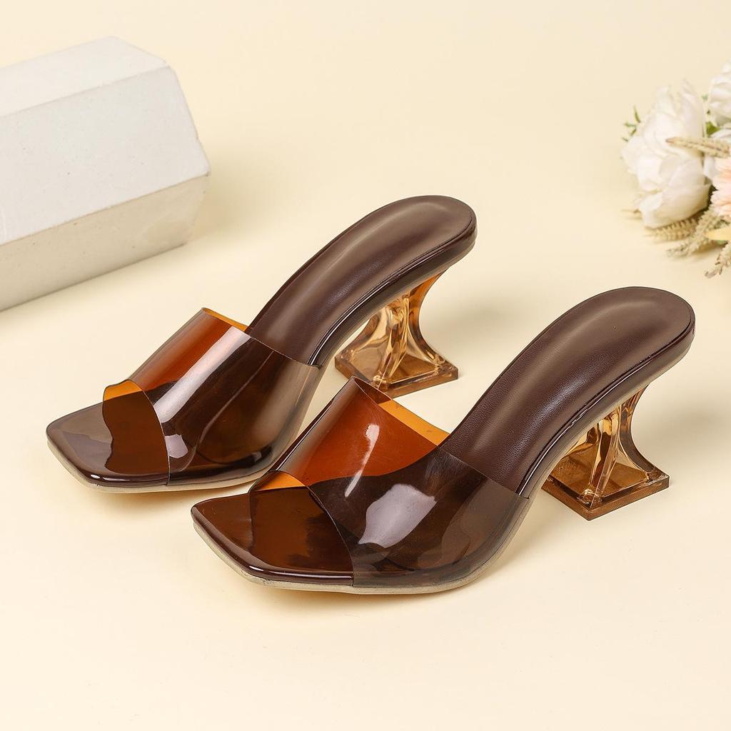 2026 Women's Transparent Heel Square Toe High-Heel Sandals - Brown/Black Summer Outdoor Breathable Single Strap Slippers