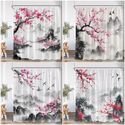 Rideau de douche peinture à l'encre Montagnes Paysage Fleurs de cerisier Oiseaux Décorations de salle de bain Rideaux de bain classiques en polyester