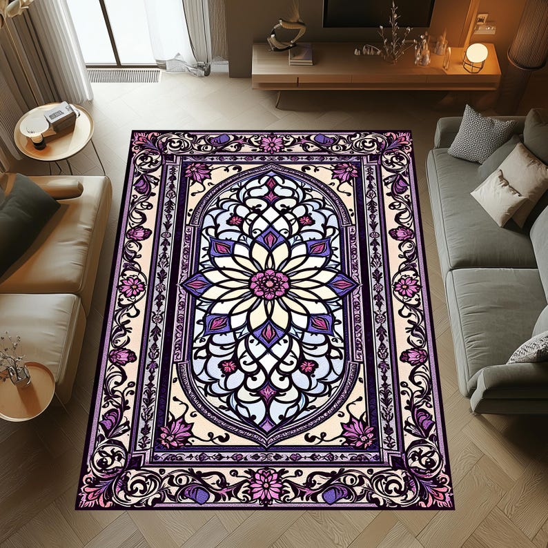 Stained Glass Style Rug with Purple and Pink Floral Motif for Vintage Style Romantic Living Room or Artistic Bedroom Decor
