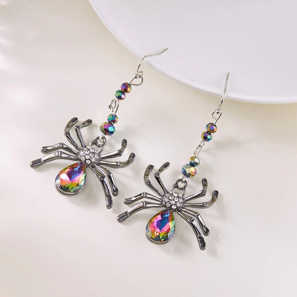 Bunte Strass-Spinnen-Hängeohrringe für Damen Leichter Luxus Glänzende Kristall-Spinnenohrringe Halloween-Party Schmuck Geschenke