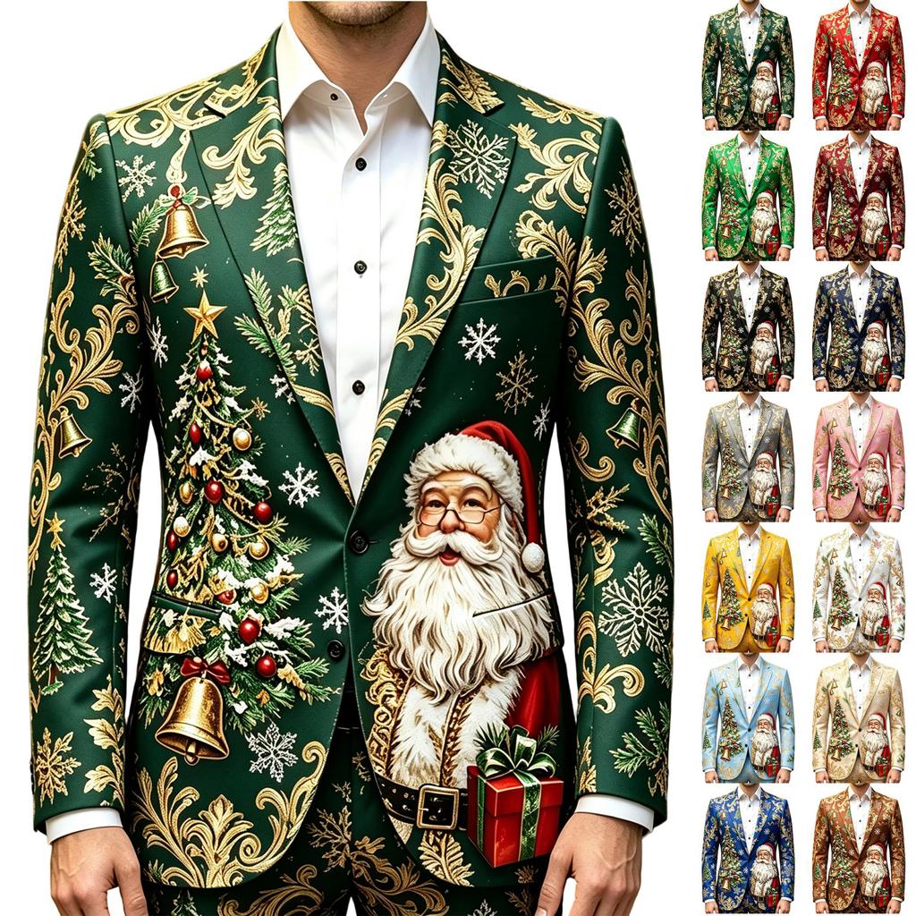 Men's Business Casual Christmas Print Long Sleeve Lapel Jacket No Tie Included