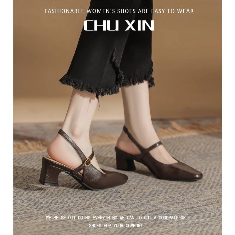 2025 spring and summer new high heel with Mary Jane shoes women's beautiful single shoes thick heel French beige sandals women