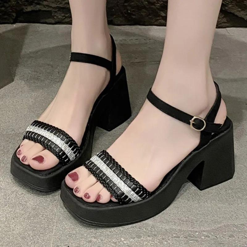 Chunky Heel Platform Slide Sandals 2025 Summer Women Square Toe Strappy Mule Slippers Plus Size Beach Shoes European Design