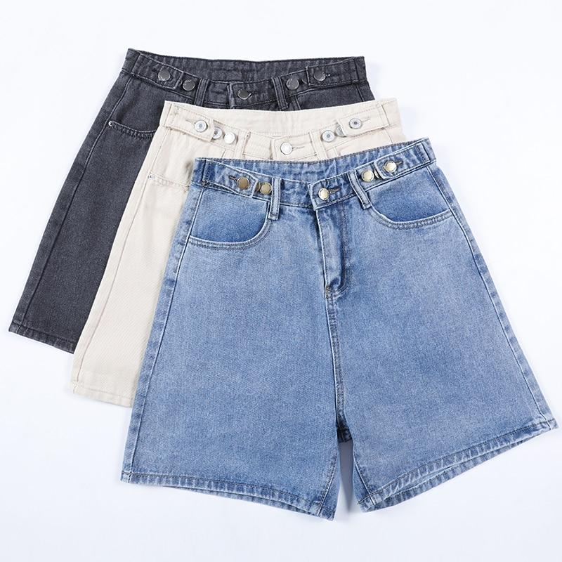 Summer Women High Waist Button Wide Leg Jeans Shorts Casual Female Loose Fit Blue Denim Shorts
