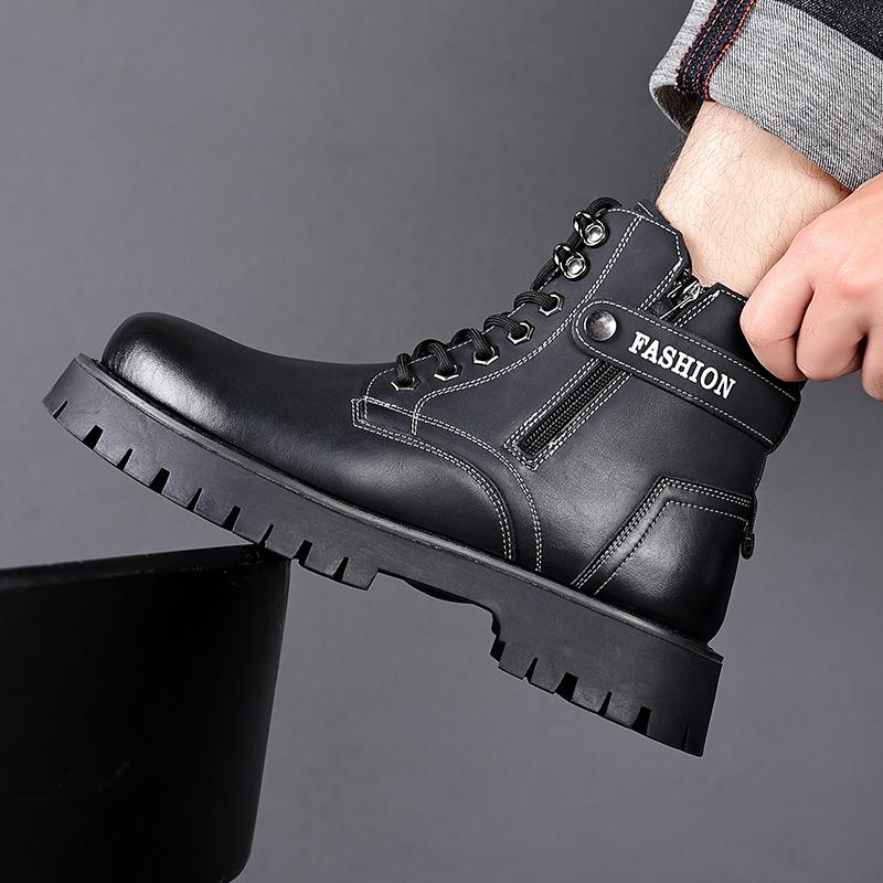 Brand Outdoor Thick Soled Genuine Leather Men's Boots Cotton-padded Shoes Fur Warm Working Men Boots Wool Outdoor Leather Boots