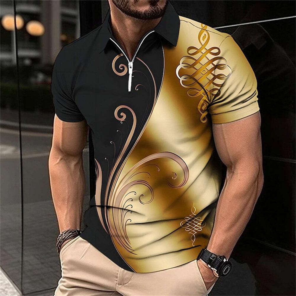 Fashion Zipper Polo Shirt For Men Floral Printed Daily Casual Short Sleeved Loose Oversized Shirt High Quality Men'S Clothing