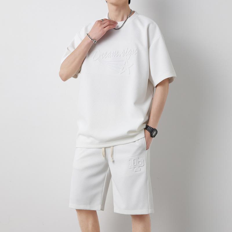 Souprava šortek s kulatým výstřihem Volný ležérní Jednobarevný Pánské tričko s krátkým rukávem Šortky Tenké