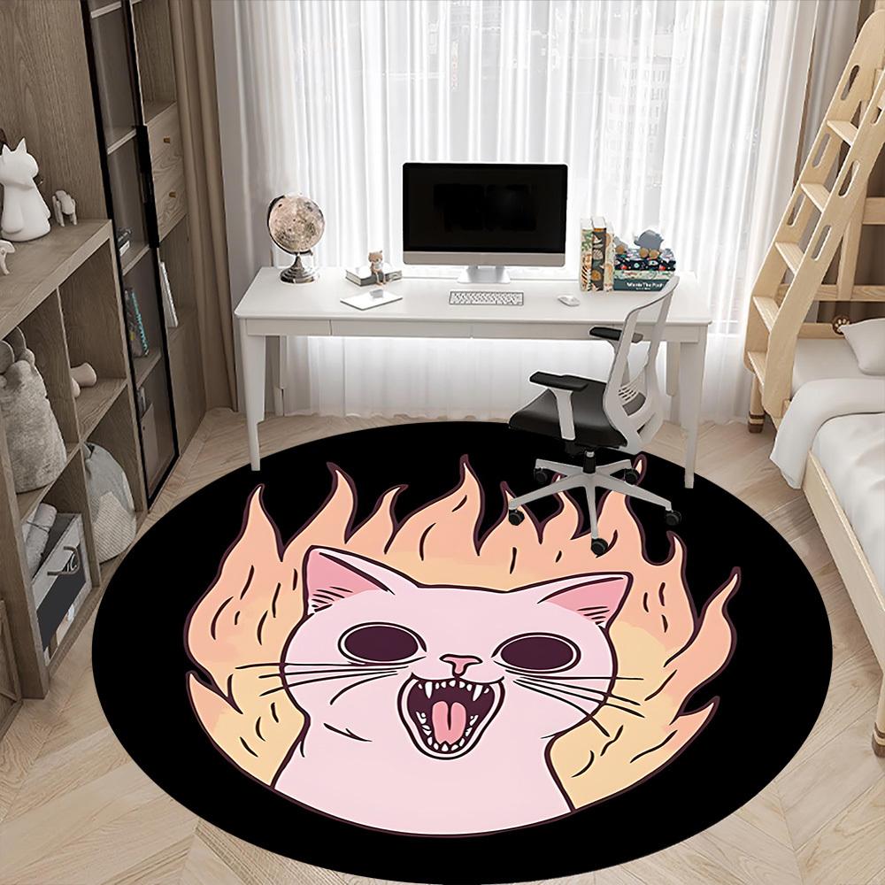 1pc Flaming Cat Office Round Area Rug, Mat Suitable For Office, Under Office Chairs Bedroom Living Room Home Decor, Room Deco
