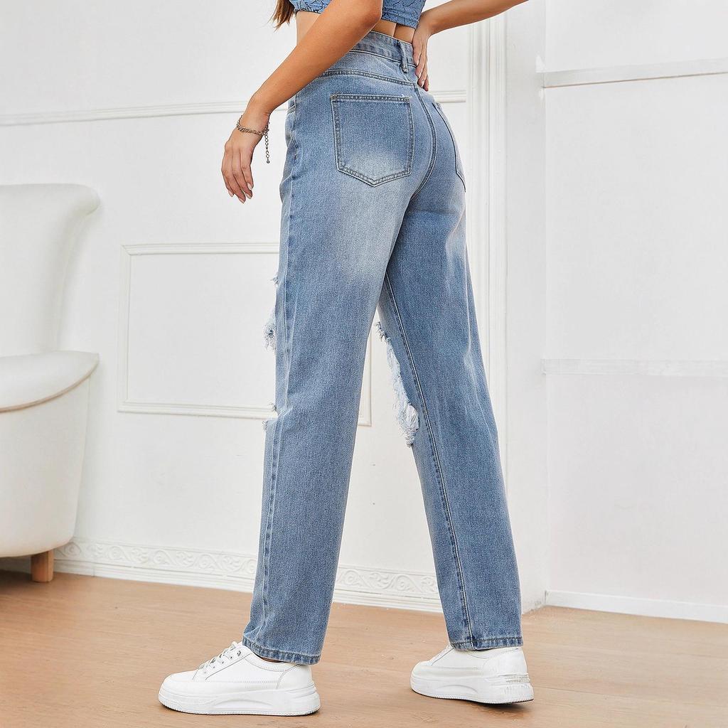 Europäisch-Amerikanische Damen High-Waist Straight Leg Ripped Jeans