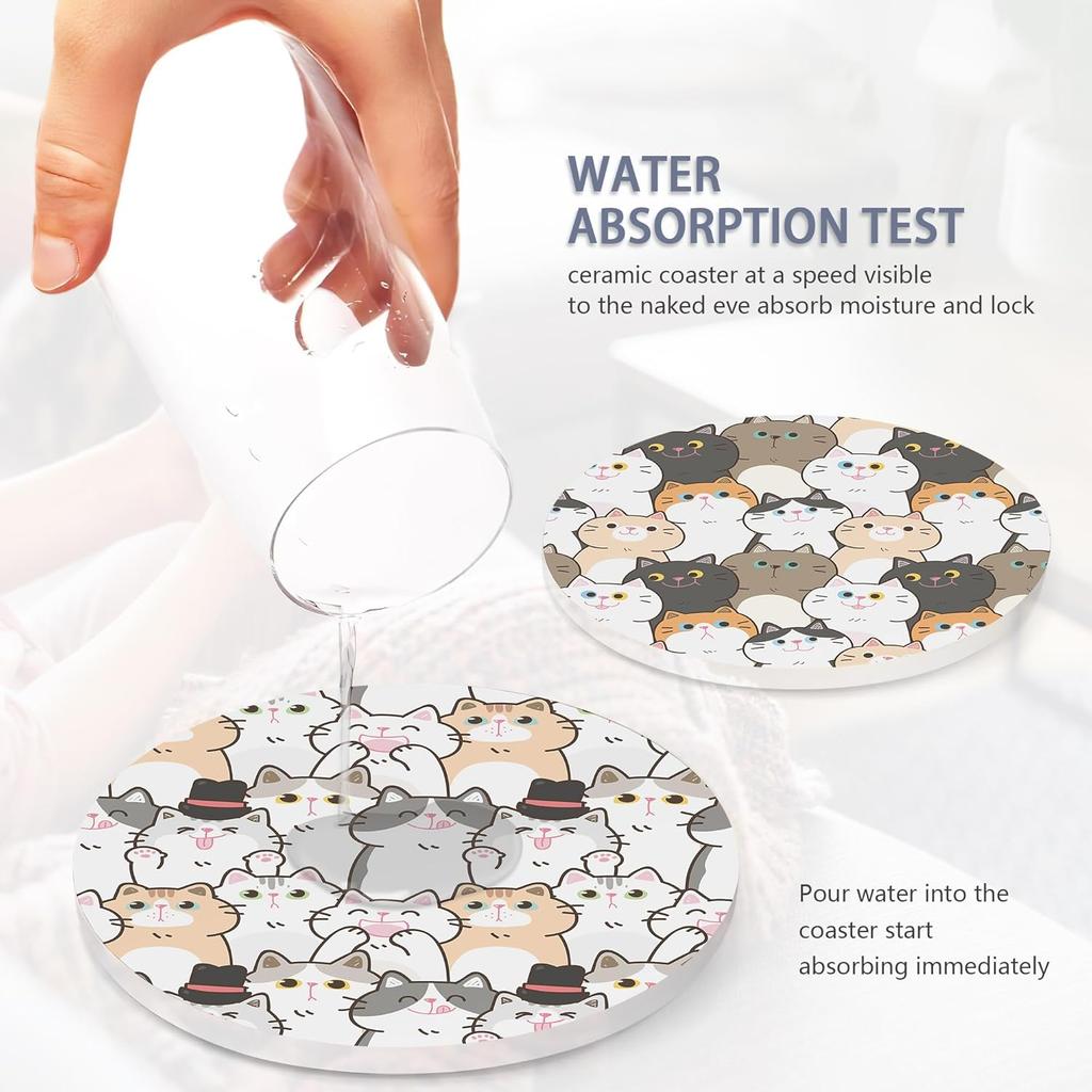 Drink Coasters Set of 6 with Holder, Cute Cats Absorbent Ceramic Coasters with Cork Base,Fit All Cups,Great Gift for Housewarming,Room