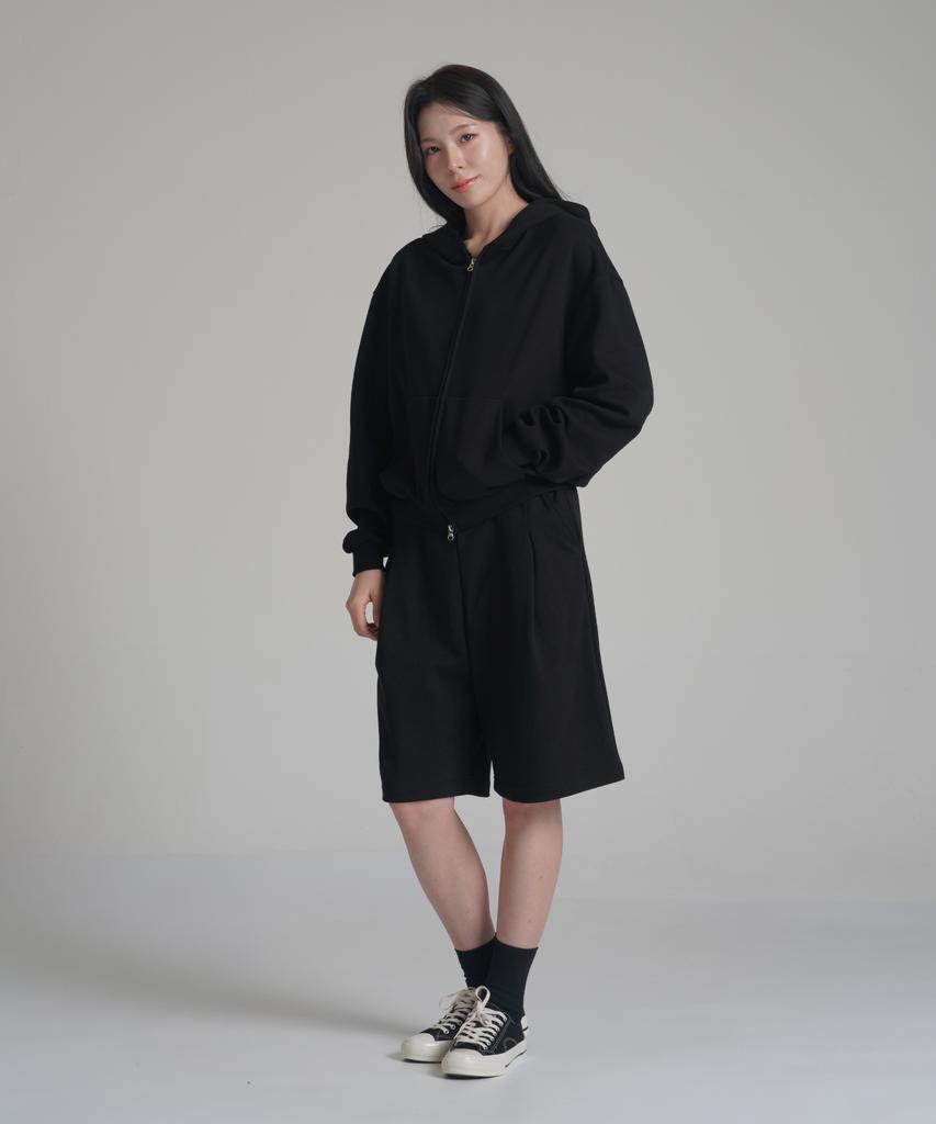 Noming Loose Fit Cropped Easy 2-Way Zip-Up Hoodie - Black