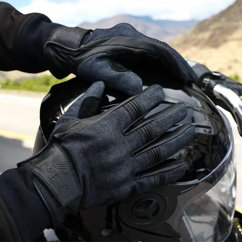 Stretch Denim and Goat Leather Biker Available In Three Colors and with Protective Touchscreen for Motorcycles and Cycling Gloves, (black, Tan,