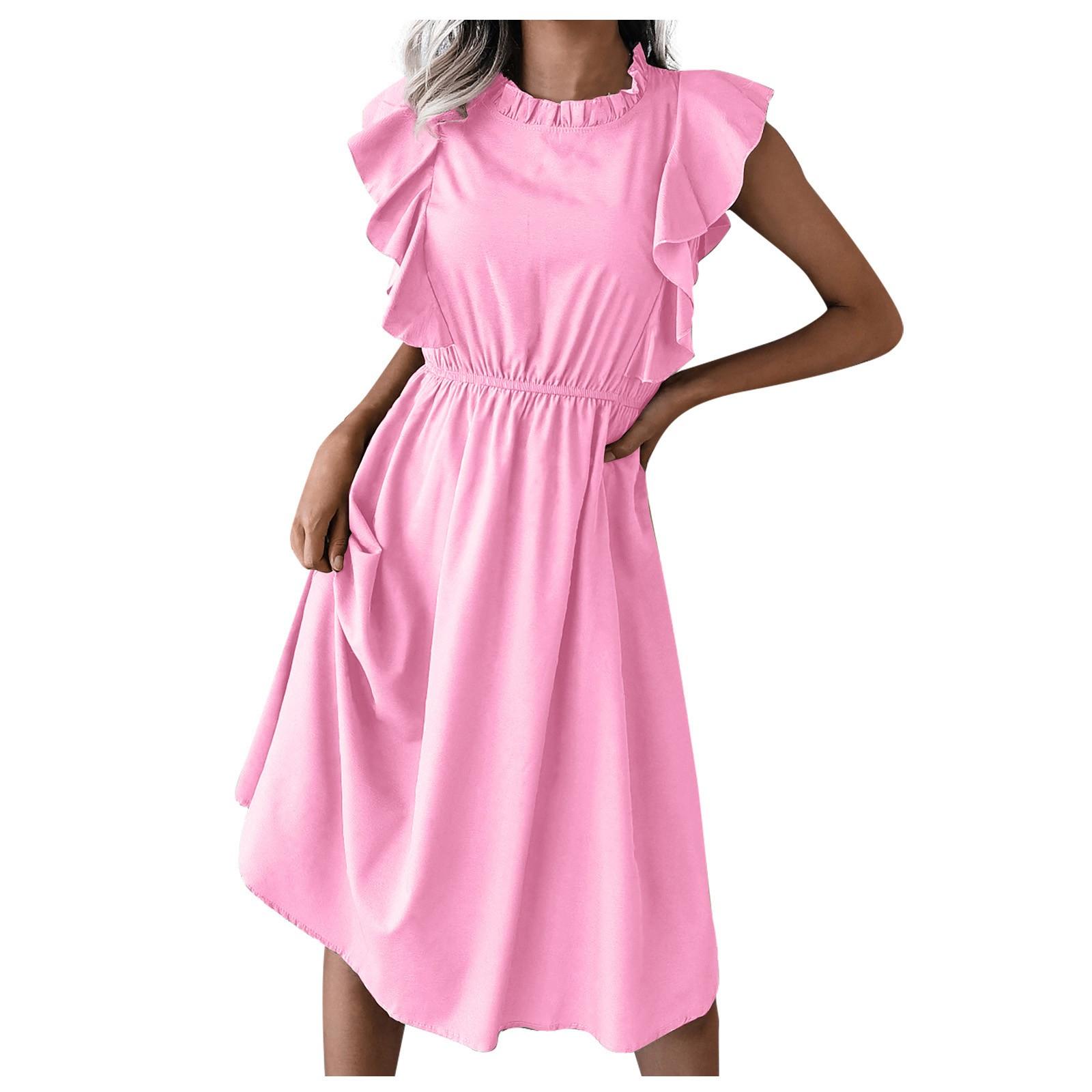 

Жіноча літня повсякденна однотонна сукня з рюшами, короткими рукавами та талією L рожевий