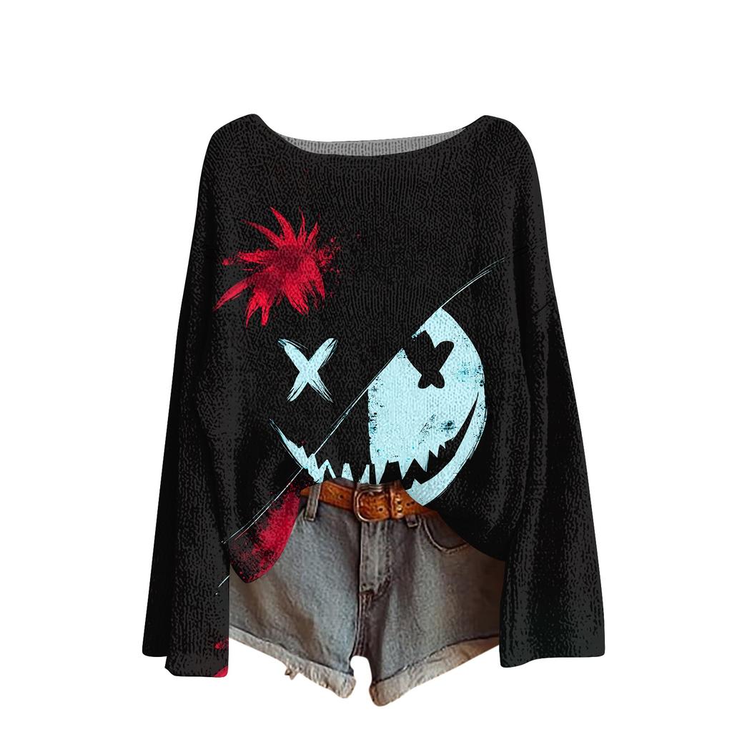 Women's Long Sleeve Halloween Print Crewneck Knit Pullover Sweater for Casual Daily Wear