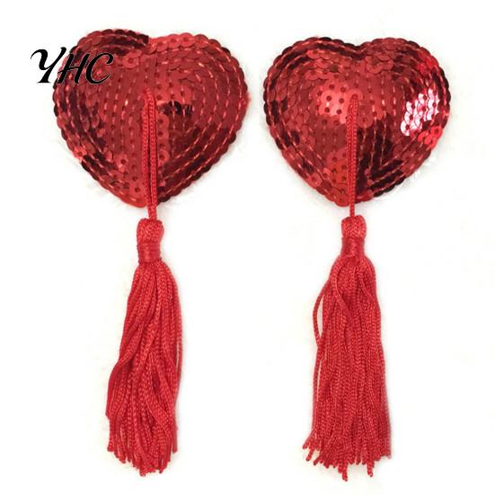 Invisible Chest Pads 1 Pair Nipple Covers Sequins Shiny Heart Shape Nippleless Stickers Tassels Self-Adhesive for Home