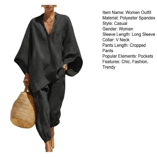 Conjuntos de 2 Peças Femininos com Mangas Morcego Longas, Decote em V e Calças Cropped, Conjuntos para Férias de Verão, Outfits de Lazer com Bolsos