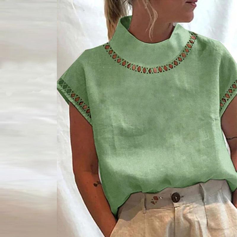 Women Blouse Solid Color Hollow Top Casual Stand Collar Cotton Linen Blouses Ladies Lace Patchwork Breathable Shirt