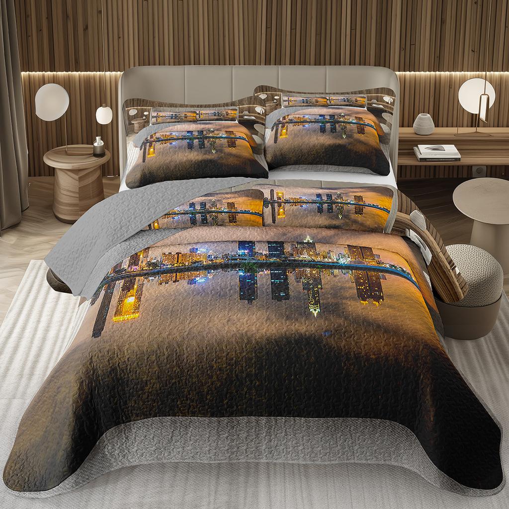 City Landscape Quilted Bedspread Set Cityscape Artwork Queen Bedding Set Colorful River Business District Coverlet For Girls Man