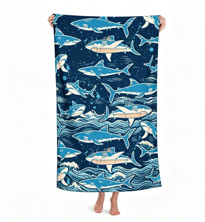 Oversized Microfiber Beach Towel, Blue Shark Ocean Splash Print, Quick Dry & Sand Resistant, for Summer Beach Pool Vacation