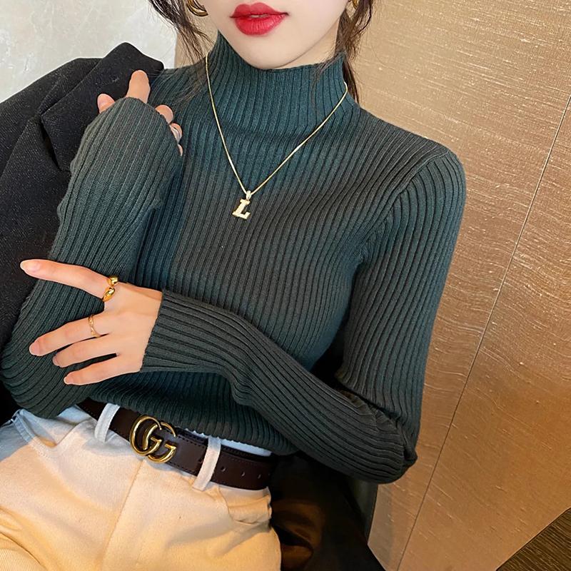 Solide schlanke Pullover Frauen gestrickte Pullover halb High Neck Langarm Topd Bottoming Shirt Jumper