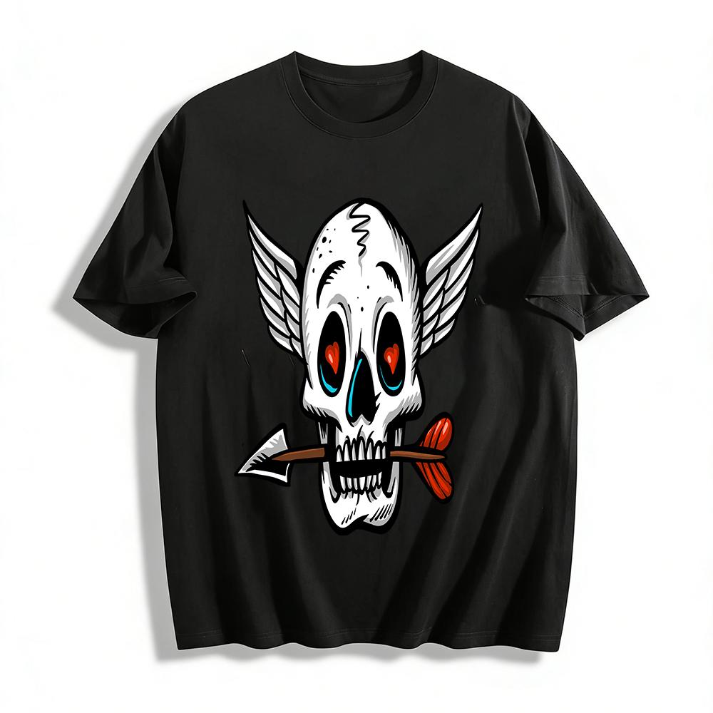 Vintage Cupid Skull Print Casual Crew Neck T-Shirt Pure cotton T-shirt XXS
