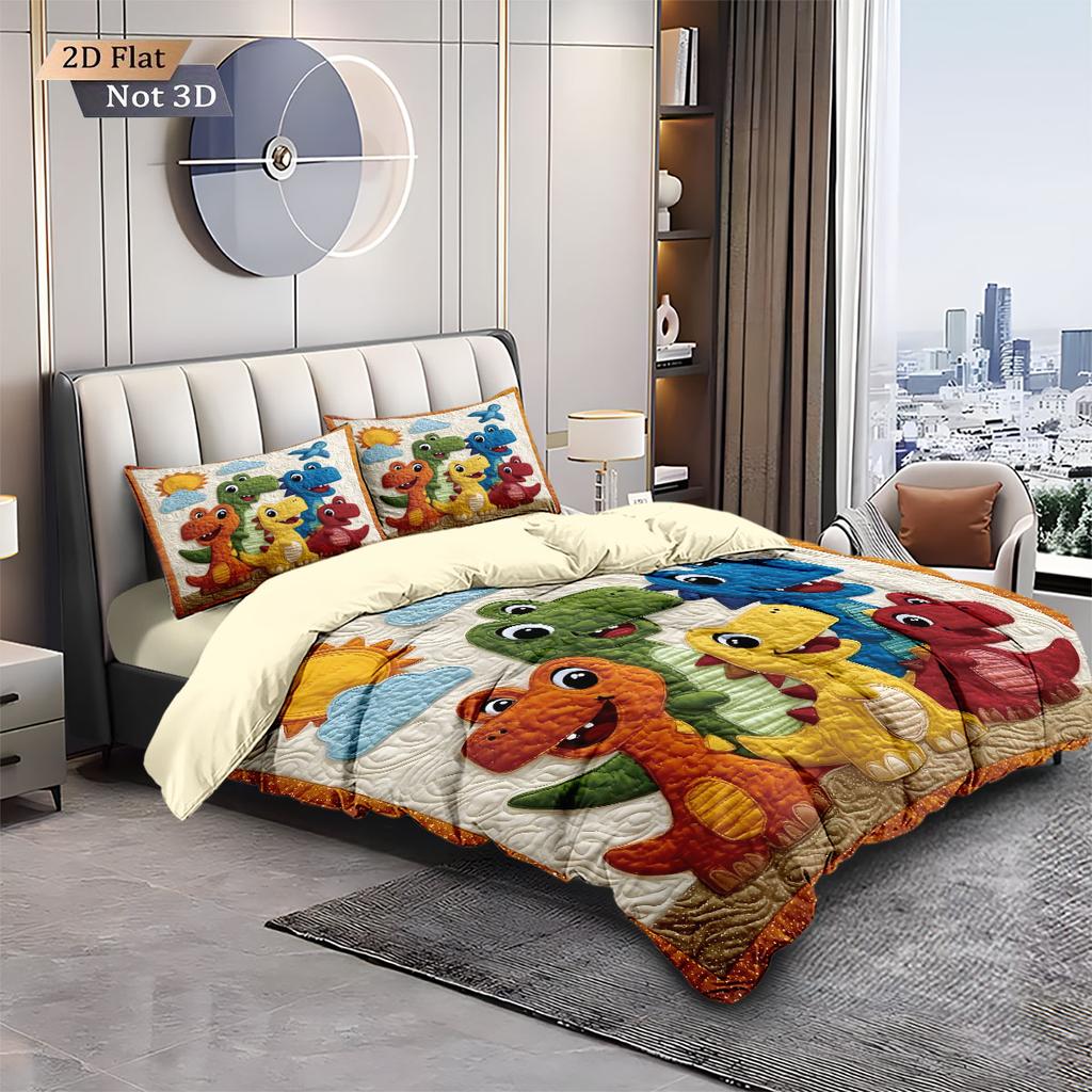 3Pcs Cartoon Dinosaur Animal Print Coreless Down Comforter Set Comfortable Bedroom Dormitory Bedding Decoration Machine Washable