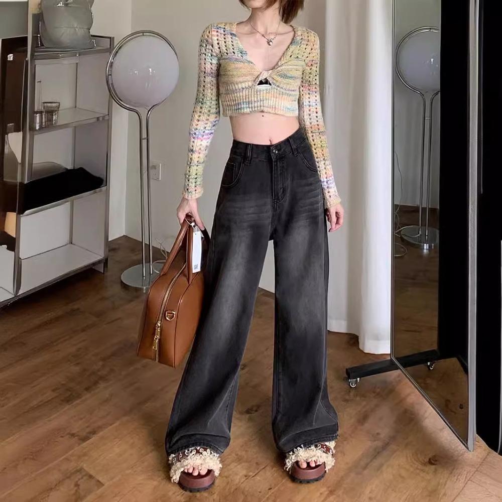 Women's High Waist Straight Leg Jeans Loose Wide Leg Pants Vintage Black Stretch Plus Size Floor Trousers