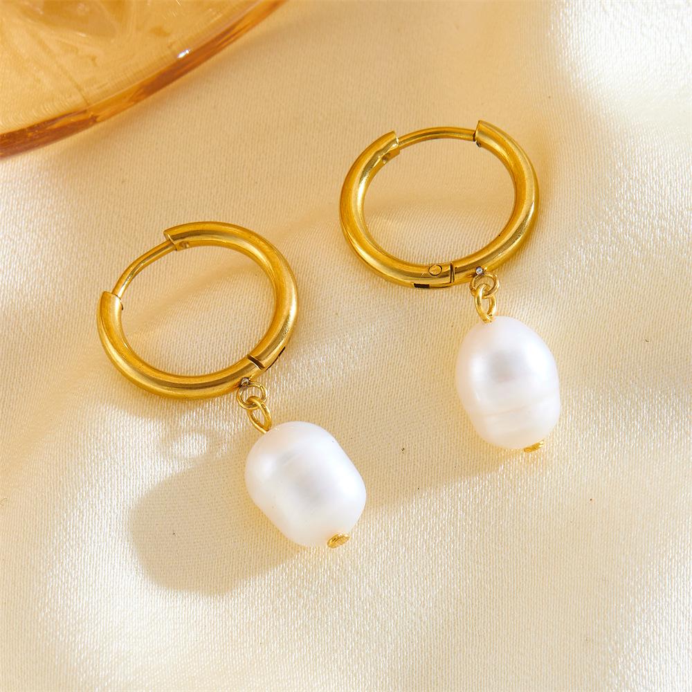 Light Luxury Simple Freshwater Pearl Earrings, Rings, Premium Earrings, Women's Stainless Steel Gold Earrings Ins