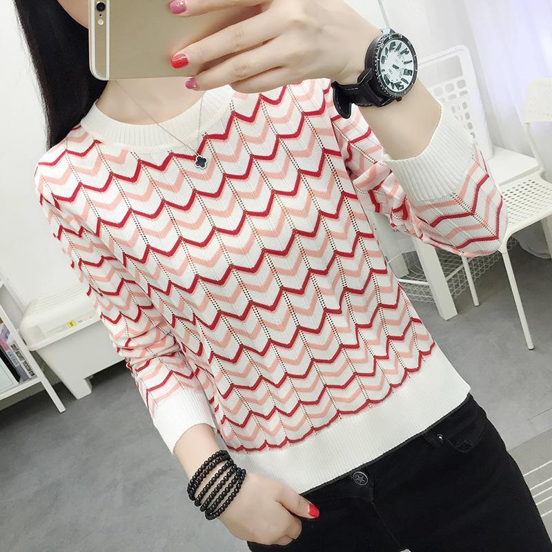 Fashion Knitted Short Sleeve Women's Autumn Winter T-shirt Round Neck Soft Stripe Sweater Top