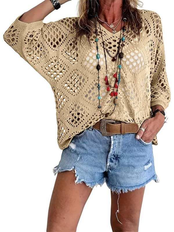 Cardigan lavorato a maglia da donna con scollo a V, intagli a forma di diamante e maniche a pipistrello, per la primavera/estate europea