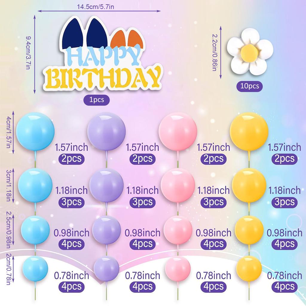 63Pcs Blue Dog Cake Toppers with Balls and Flowers for Birthday Decoration Groovy Pastel Cupcake Inserts Hippie Wedding Party