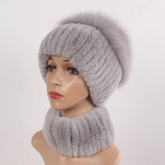 Women Winter Real Fur Hat Scarf 2 Pieces Knitted Rex Rabbit Fur Hat Top Natural Fox Fur Cap Scarves Sets Lady Warm Real Fur Caps