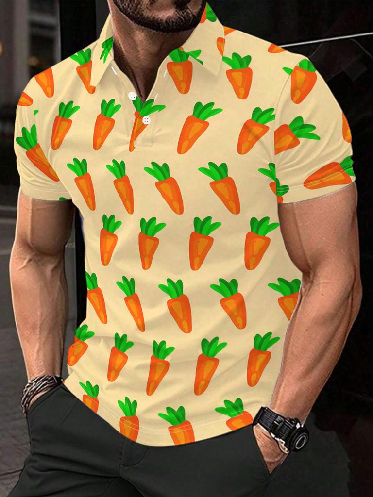Men's Short-Sleeve Polo Shirt with Orange-Yellow Vegetable Print - Button-Up Lapel Collar, Full-Body Suitable for Dates, Beach Vacations, Casual Wear