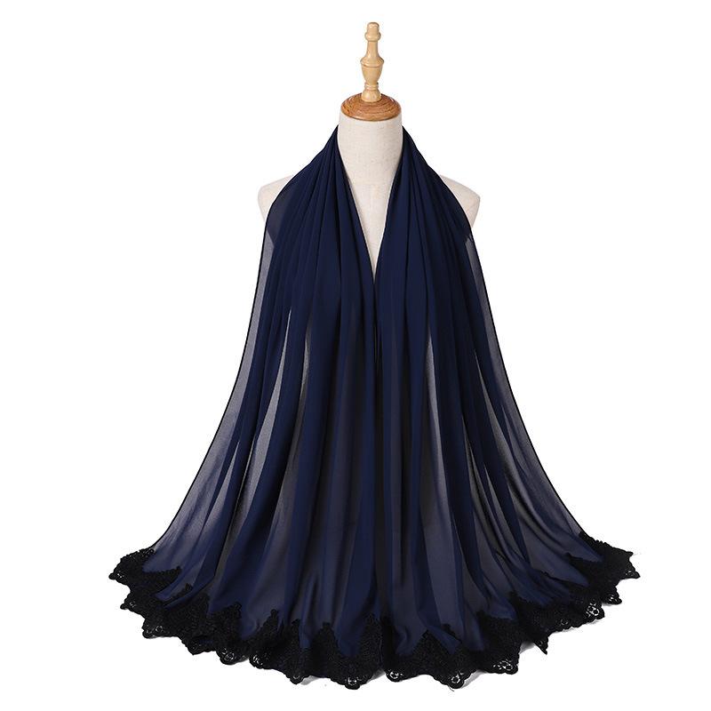 New Pearl Chiffon Malaysia Fashion Black Lace Scarves Muslim Shawl Plain Soft Turban Head Wraps Headband