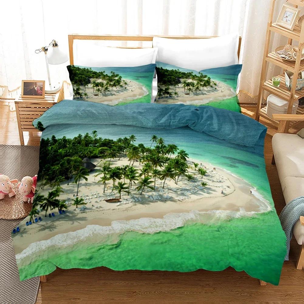 Tropical Island With The Palm Tree Comfortable Duvet Quilt Cover Pillowcase Bedding Set Children Bedroom Decoration Home Textile