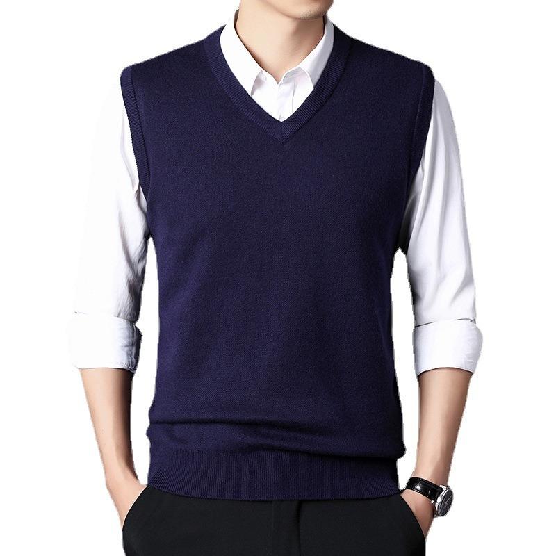 Solid Color V Neck Sleeveless Thick Knit Vest Men Business Casual Inner Sweater