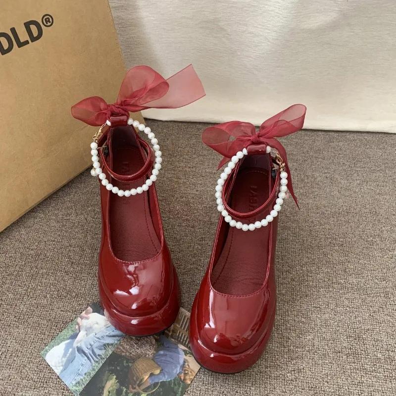 Fashion Mary Jane Shoes Women's Spring New Ultra-high Heel Pearl Chain with Platform Block Heel Wedding Shoes Lolita Shoes