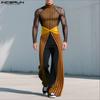 INCERUN Two-piece Men Long Sleeve Striped Mesh Sheer Crop Tops Bow Elastic Waist Pants Sets
