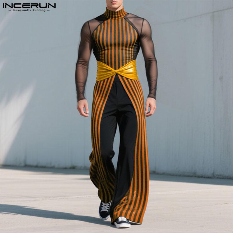 INCERUN Two-piece Men Long Sleeve Striped Mesh Sheer Crop Tops Bow Elastic Waist Pants Sets