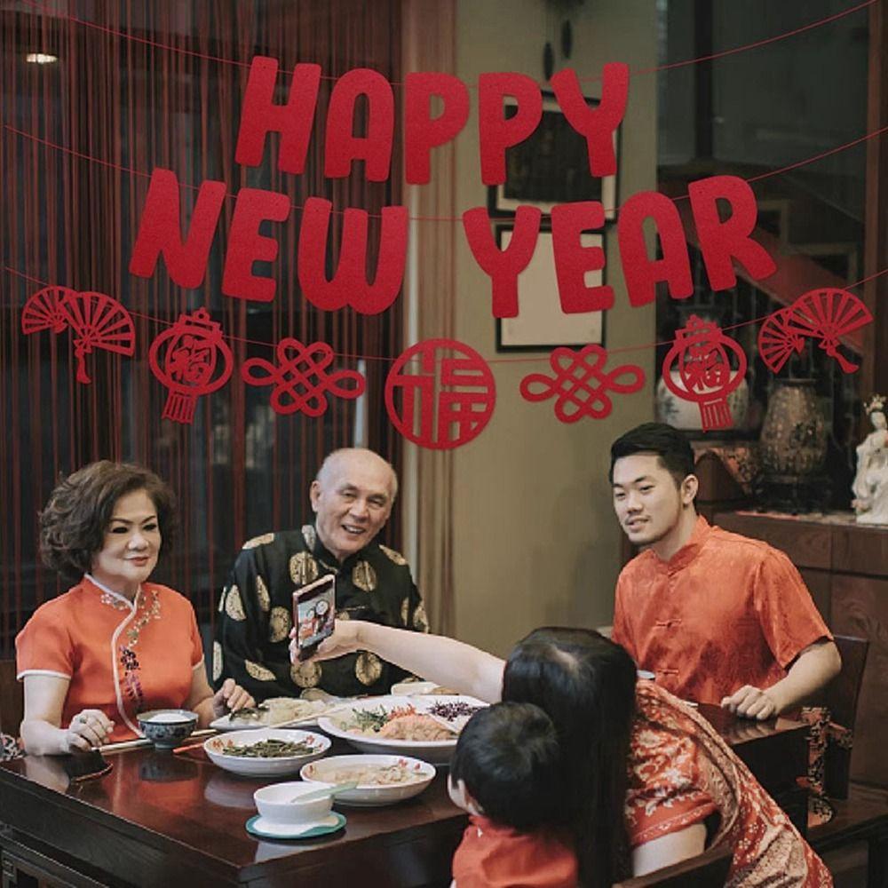 Red Happy New Year Banner Non-woven Fabric Spring Festival Hanging Ornaments  Party