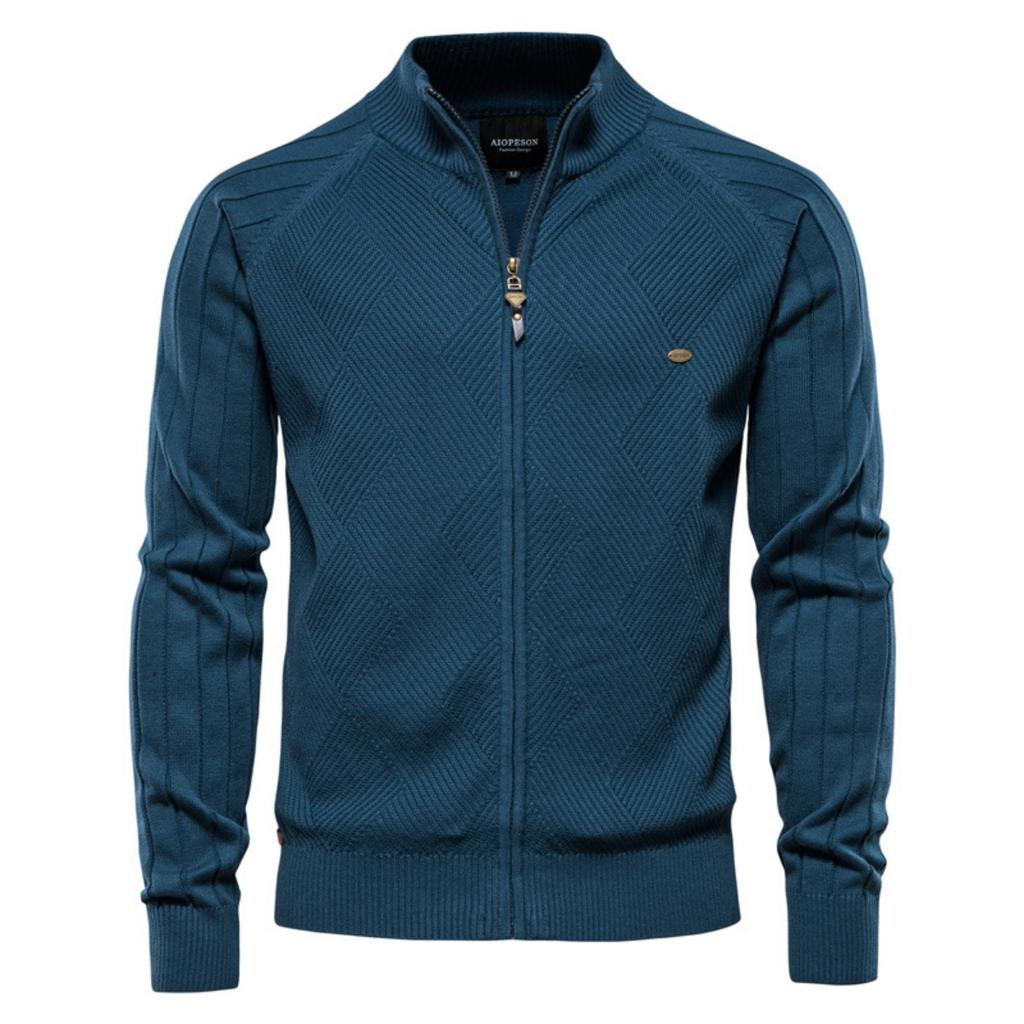 New Men's Pure Color Lapel Jacquard High Neck Knitted Cardigan Autumn Casual Versatile Coat