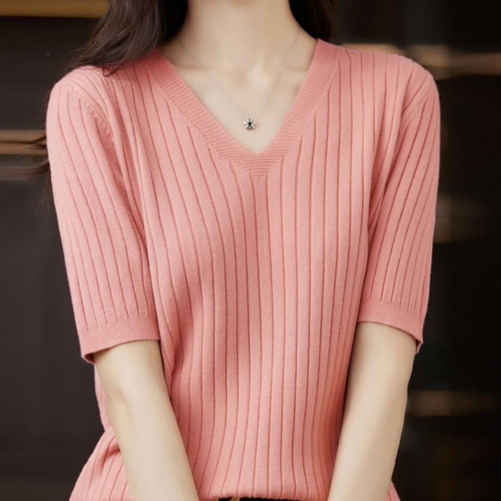 Women's Fashion Loose Knit Sweater Bottom Shirt V-Neck Pullover Half Sleeve Solid Color Top