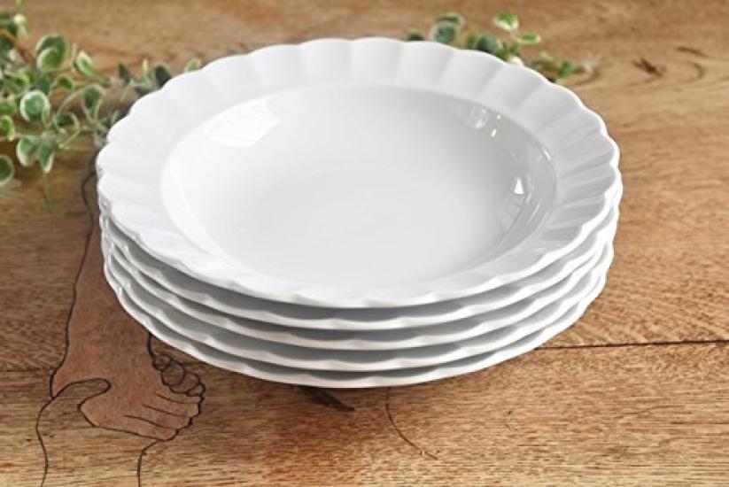 Set of 5 White Dinnerware Floral Reinforced Tiara Pure for and Curry Plates, Shape, Shatter-Resistant, Porcelain, White, Ruffled, 23cm, Pasta, Soup,