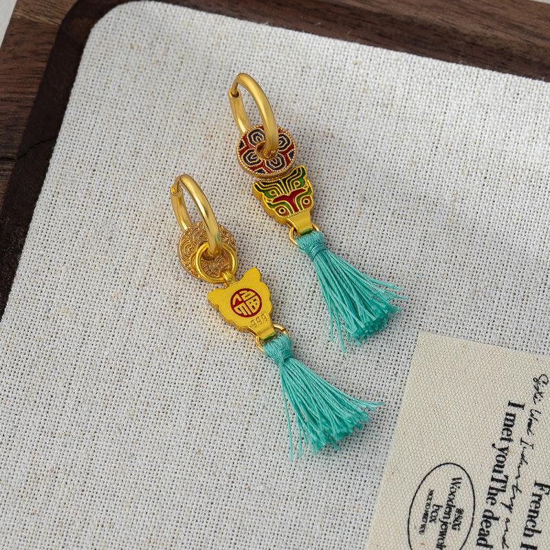 Elegante chinesische Quasten- & Perlenohrringe mit Glasur-Blumendesign für Damen