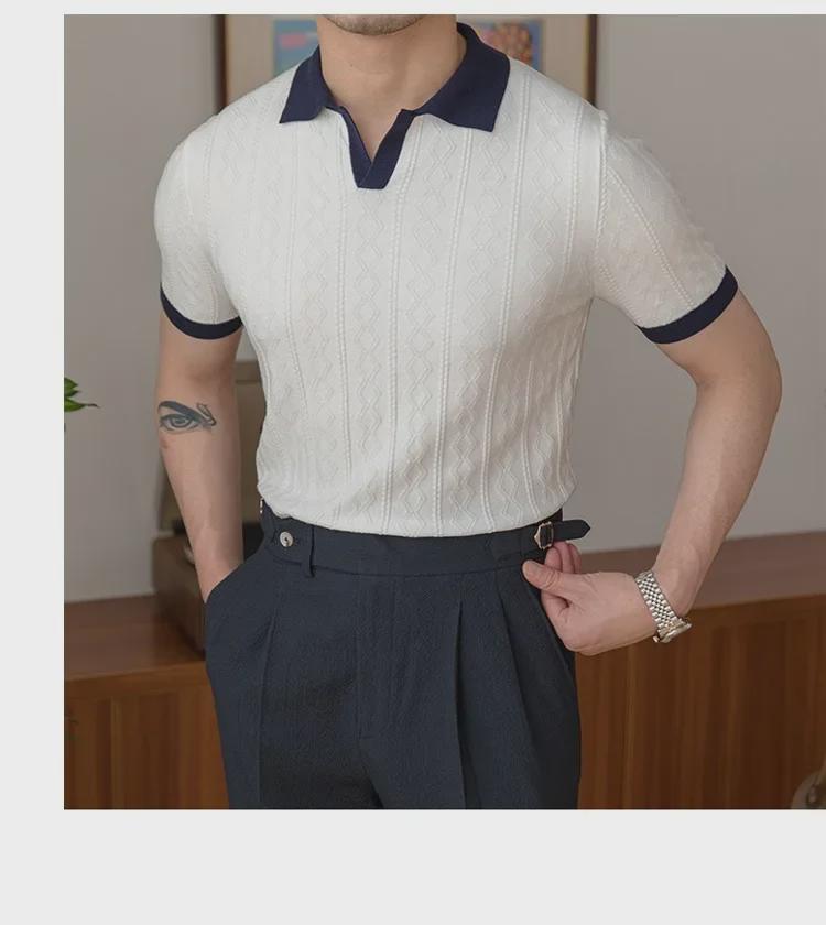 Italian Style Men's Slim Fit Polo - Summer Breathable, Trendy, V-Lapel, Jacquard Knit Short Sleeve