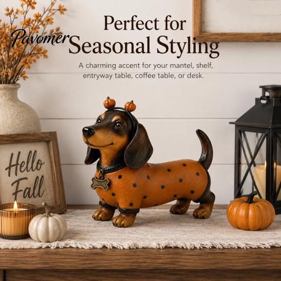 Cute Dog Figurines for Thanksgiving Fall Harvest Dachshund Figurine, Halloween Statue with Pumpkin Headband Polka Durable Resin Craft Ornaments