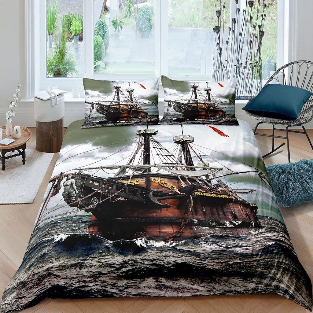 Sailboat Duvet Cover Set Microfiber Nautical Decor Queen Retro Pirate Sailboat Comforter Cover Sunset Marine Pattern Bedding Set